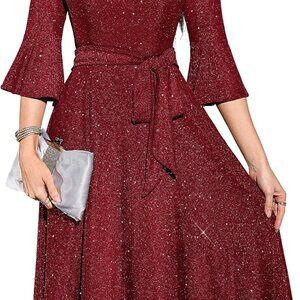 Women's Vintage Bell Sleeve Midi Dress for Wedding Cocktail Church Elegant